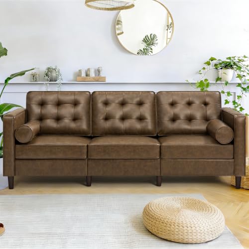 Image of 84 inch Premium Faux Leather 3-Seat Sofa w /2 Bolster Pillows and Tufted Backrest, Mid-Century Modern Sofa, Luxury Couch for Living Room, Bedroom, Office, Coffee Brown