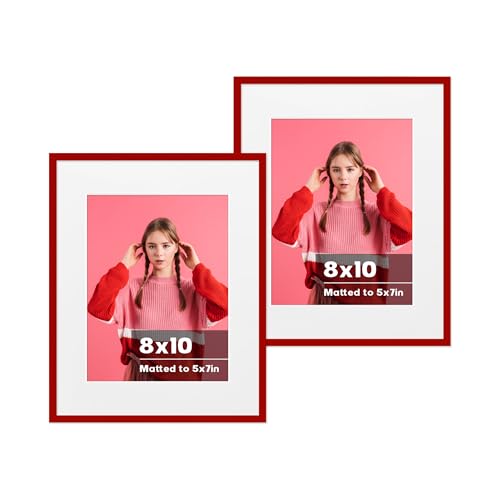 jenesaisquoi 8x10 Picture Frame 2 Pack - Display Posters 5x7 with Mat or 8x10 Without Mat - Vertical & Horizontal Wall Hanging for Posters & Art Prints Red Aluminum Alloy