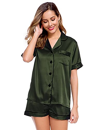 Image of LecGee Womens Silk Satin Pajamas Short Sleeve Loungewear Two-Piece Sleepwear Button-Down Pj Set