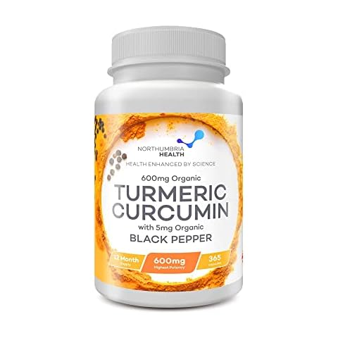 Northumbria Health Organic Turmeric and Black Pepper Capsules, Antioxidant Supplement, Turmeric with Active Ingredient Curcumin, Vegan Supplements, Made in The UK, 365 Capsule Count Cover