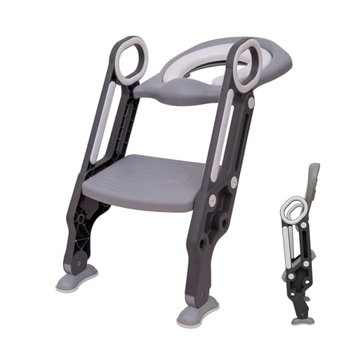 Straame Toddler Toilet Ladder Seat - Adjustable Potty-Training Seat, Soft Cushion Seat and Anti-Slip Steps Design - Easy to Install Portable Children Potty Training Chair (Grey-White)