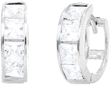 Ritastephens Pendientes de aro de plata de ley con circonita cúbica de corte princesa de 0.157 x 0.492 in, Plata de ley Circonita cúbica, Circonia