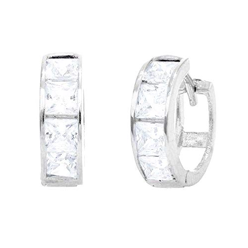 Ritastephens Sterling Silver Princess-cut Cubic Zirconia Huggy Hoops Huggies Hoop Earrings 4x12.5 Mm
