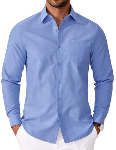 COOFANDY Hemd Herren Langarm Oxford Hemden Regular Fit Herrenhemden Langarm Business Hemd Baumwolle Freizeithemd Bügelfreie Hemden Casual Oberhemd mit Tasche Blau L