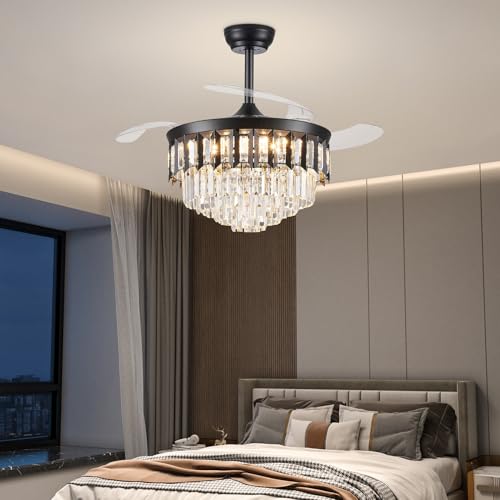 TXCSLY 48" Fandelier Ceiling Fan with Light, Crystal Chandelier Fan with Retractable Blades Dimmable Crystal Ceiling Fan Chandelier for Bedroom Living Room Dining Room-Black by TXCSLY - Image 3