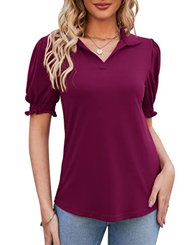 Micoson Puff Sleeve Collared Shirt For Women Short Sleeve V Neck Cotton Tunic Blouse Ladies Work Polo Shirts Fuchsia L #TOP1