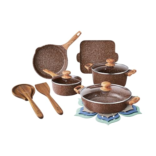 Woman Prairie Signature 14-Piece Cast Aluminum Cookware Set, Brown Speckle