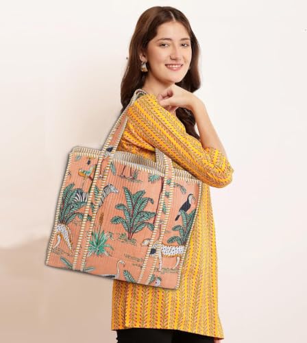 Image of Cotton Tiger Block Print Tote Bag, Indian Handmade Shopping Shoulder Bag, Unisex Market Daily Use
