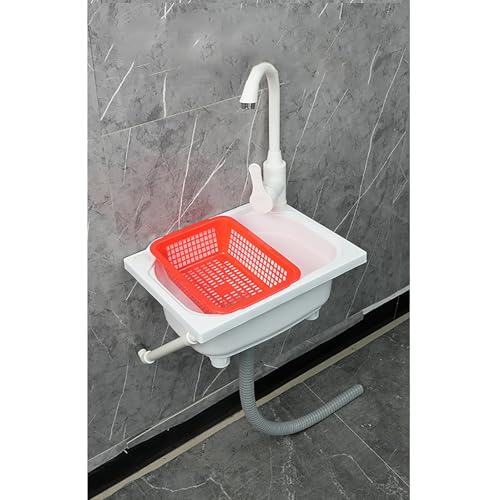 Fregadero de resina al aire libre para jardín, cocina, restaurante y garaje, 38,5 x 28,5 x 18 cm, color blanco, con grifo mezclador de frío y calor, ideal para camping y uso utilitario