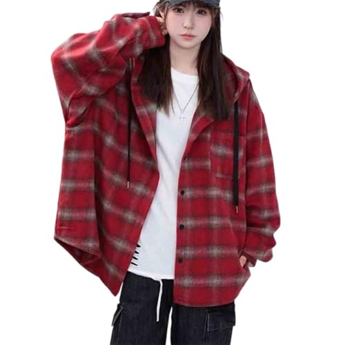 SANLEG Unisex Oversized Plaid Shirt Grunge Style Hooded Longline Flannel Shirt Jacket for Men and Women (red,XX-Large)