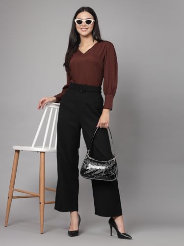 Image of Style Quotient Women Black Self Design Polyester Regular Smart Casual Top