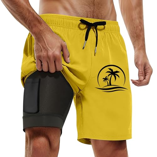 Generisch Pantalones cortos para hombre de tallas grandes Bañador para hombre con forro de compresión, entrepierna interior, bañador con bolsillos, pantalones elegantes para mujer, amarillo, 5XL