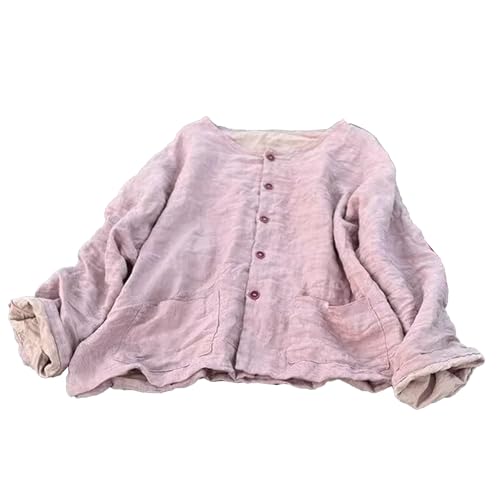 Women\'s Loose Round Collar Double Layer Cotton Linen Shirt Solid Color Button Long Sleeve Jacket with Pockets (US, Alpha, One Size, Regular, Regular, Light Pink)