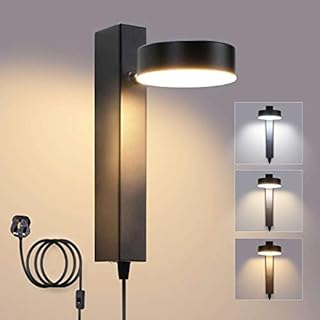 Lightsjoy 12W Led Wall Light Plug in Indoor Wall Lamp Tricolor Adjustable 360° Rotatable Led Wall Lighting Fixture with Switch for Living Room Bedroom Hotel Restaurant Black Lamp with UK Plug