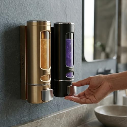 Image of ALTURAS Wall Mounted Liquid Soap Dispenser, ABS, 400 ML, for Shampoo, Sanitizer and Gel Handwash Dispenser (400 ML Gold and Black)