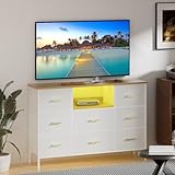VASICAR White Dresser with LED Lights & Power Outlets, Dresser TV Stand with 8 Drawers for 55" TV, Fabric Chest of Drawers for Bedroom, Living Room, Entryway