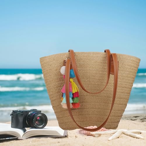 Bolsa de playa de paja para mujer con asas tejidas miniatura 3