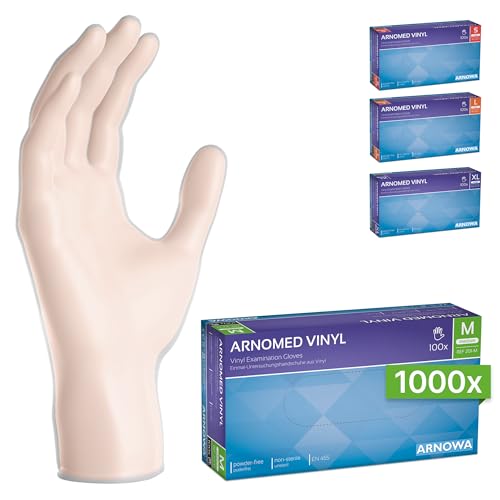 ARNOMED Einweghandschuhe M, Vinyl Handschuhe 1000 Stk (10x100 Stk), Einmalhandschuhe, Handschuhe Einweg puderfrei, Gummihandschuhe Einweg latexfrei, Einweg Handschuhe, Einmalhandschuhe in S, M, L, XL