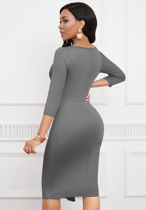 Womens Work Dresses Elegant Square Neck 3/4 Sleeve High Waist Bodycon Ruffle Vintage Church Pencil Midi Dress3