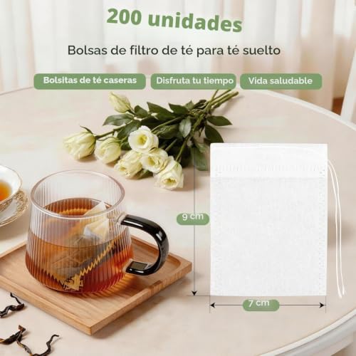 Miniatura 3 de Oderra 200 Bolsas De Té Rellenables Con Cordón 7x9 Cm Filtros Finos Para Té, Café Y Especias