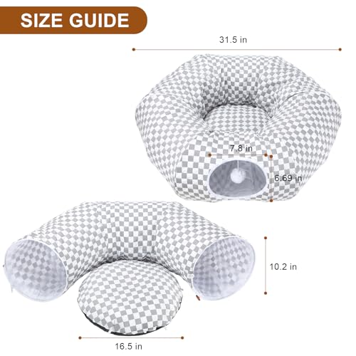 Image of Tunnel Bed for Indoor Cats Peekaboo Cave Donut for Cat with Washable Circle Cushion Interior Cat Play Tunnel（Light Grey）