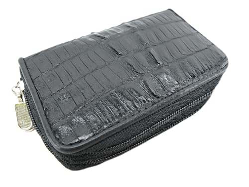 Pelgio Genuine Crocodile Skin Leather Zip Around Key Holders Wallet Coins Purse (Black) (Black)