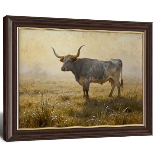 Image of Antique Framed Longhorn Cattle Canvas Wall Art, Western Farm Animal Oil Painting Canvas Prints, Vintage Ranch Wall Decor Pictures for Living Room Bedroom Office Bathroom