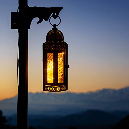 Anrust Black Vintage Decorative Candle Lantern, Moroccan Style Hanging Lantern, Metal Gothic Decor For Indoor Tabletop, Candle Holders For Outdoor Patio Medium Size, Amber Glass Without Led #TOP4