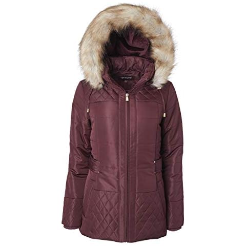 Women Midlength Down Alternative Quilt Winter Puffer Coat Zip Off Fur Trim Hood - Bourgogne (2X) Cover