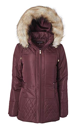 Women Midlength Down Alternative Quilt Winter Puffer Coat Zip Off Fur Trim Hood