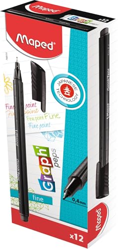 Maped - Graph'Peps Fine Tipped 0.4mm Fine Line Triangular Felt Pens - Metal Nib Protection - Vibrant Colors for Art - Reusable carrying Case - Pack of 12 Pens