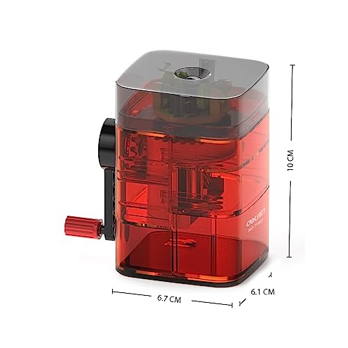 Image of oddpod Manual Desktop Pencil Sharpener for Table top with Visible Rotary Hand Crank & Auto Feed Transparent Mechanism for Sharp Pointed Pencils - Neon Red (No Table Attachment Model)