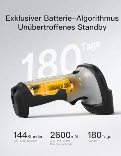 Inateck Barcode Scanner 2D Bluetooth, Kabellose QR Code Scanner, Wireless Handscanner mit AI APP & SDK, 1 Ladung 180 Tage Standby, Automatisches schnelles und präzises Scannen, BCST-72