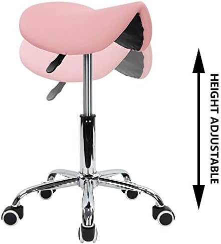 KKTONER Rolling Saddle Stool PU Leather Swivel Adjustable Rolling Stool with Wheels Salon Chair (Pink)