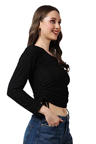 Image of POPWINGS Casual Self Design Regular Fit Polyester Full Sleeves Crop Tops for Women with Crush String