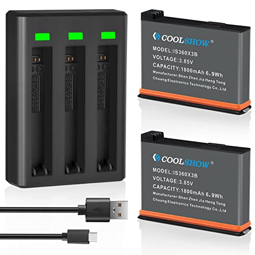 COOLSHOW Action Camera X3 Battery Replacement 1800mAh 2 Packs and Triple X3 Charger Compatible with Insta360 X3 Camera