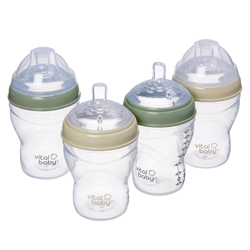 Vital Baby Breast-Like Baby Feeding Bottles 0m+, 240ml, Self-Sterilising in 3 Mins, Triple Anti-Colic Valves, Slow Flow Teats, EarthSmart Biodegradable, BPA-Free, 4 Pack