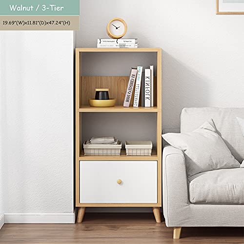 Iotxy 3-Tier Open Shelves Bookcase - 47 Inches Height Modern Floor Standing Cubes Wooden Low Bookshelf With Storage Drawer And Legs, Oak #TOP2