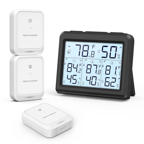 ORIA Termometro Igrometro Digitale con 3 Sensori Remoti, Misuratore di Temperatura e umidità per Interno Esterno, Stazione Meteo Wireless con Retroilluminazione, Icona Comfort - Nero