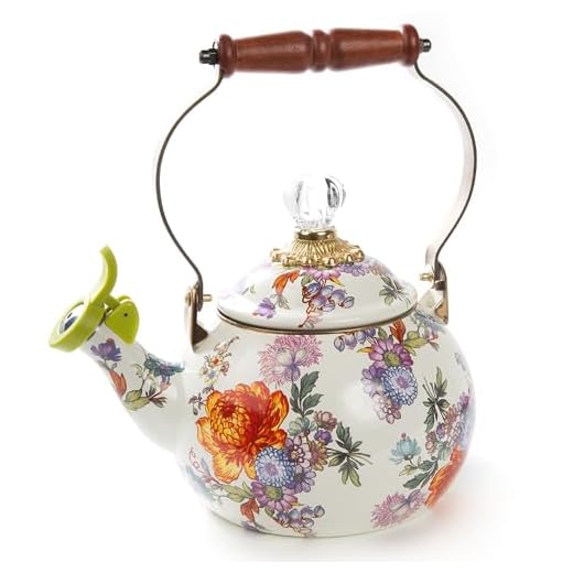 MacKenzie-Childs Flower Market Enamel Whistling Tea Kettle, Decorative Tea Kettle, White