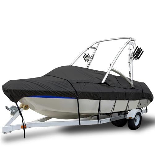 Eliteshield 100% Waterproof Ski & Wakeboard Tower Boat Cover, Fade and Tear Resistant Trailerable Boat Cover Fits V-Hull Runabout with Ski/Wakeboard Towers, Black 17'-19'L, Beam Width to 102