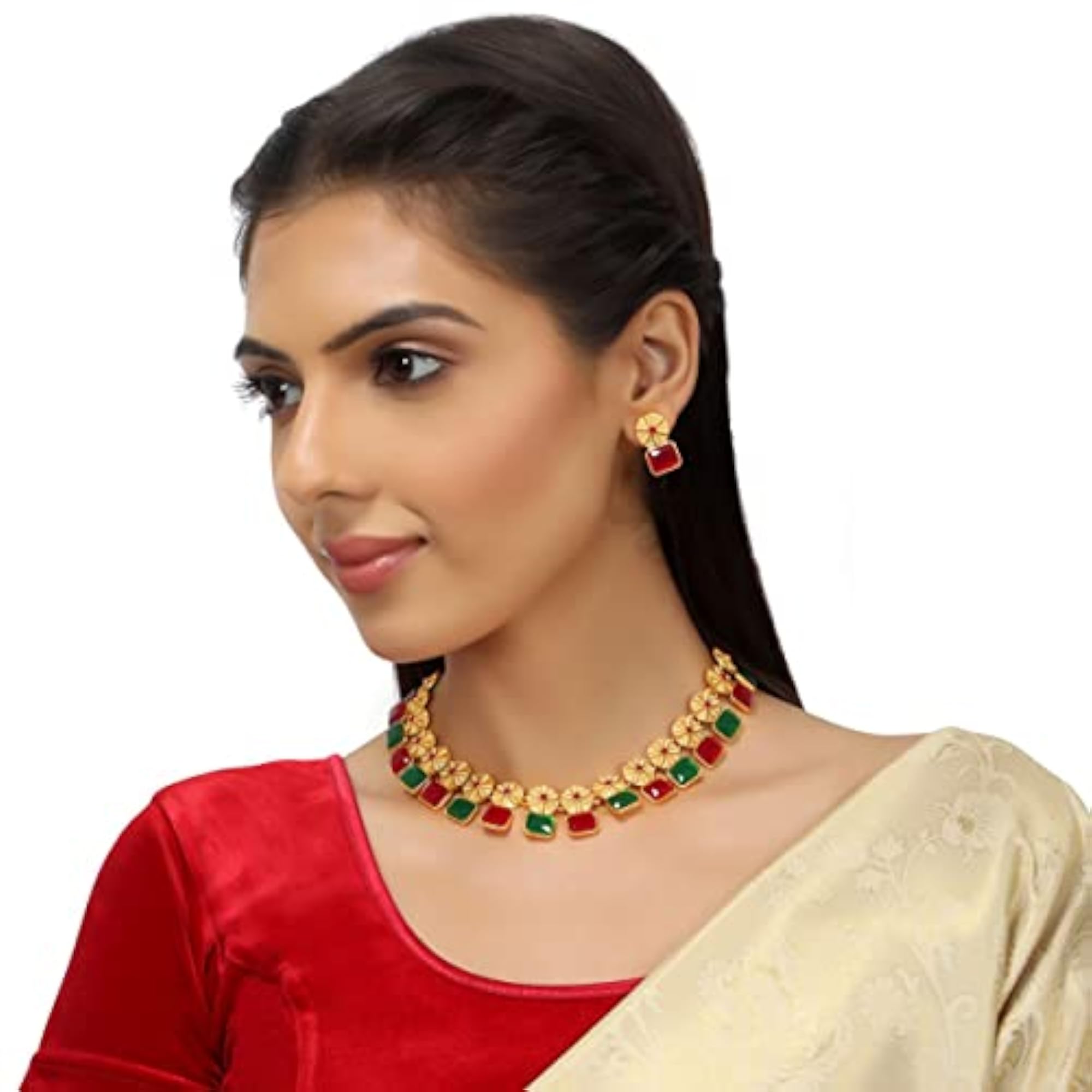 Plated Traditional Ruby & Green Stone Studded Necklace Set
