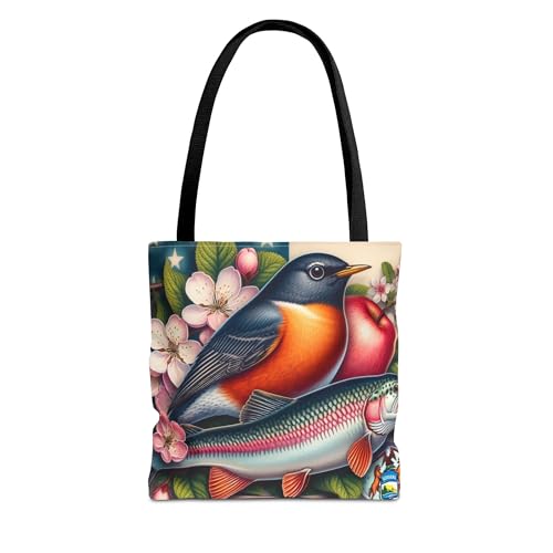 Premium Tote Bag with Reinforced Stitching - Apple Blossom, American Robin, Brook Trout, Michigan Symbols