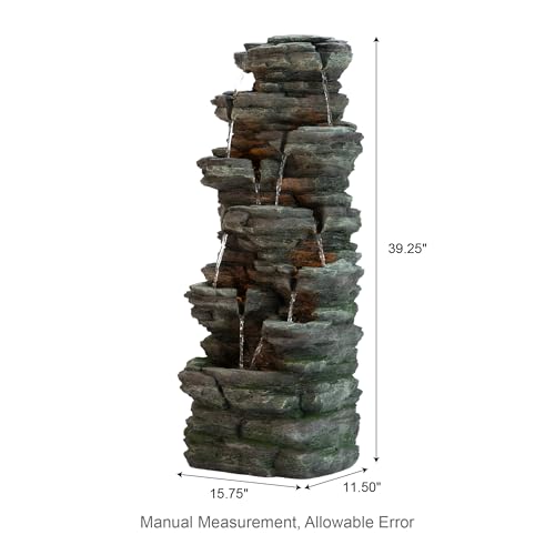 Image of Glitzhome Outdoor Water Fountain, 9-Tiered Rock Floor Fountain with Cascading Water, 39.25 inch H Polyresin Waterfall Fountain with Pump and LED Light Outdoor Water Feature for Garden Yard Patio Porch