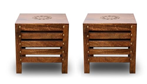 Image of SATTVA Wooden Stool Set of 2 for Living Room & Bedroom | Handmade Solid Mango Wood Stools with Antique Finish | Multipurpose Footstool, Side Table, Plant Stand, Small Sitting Chair & Home - Brown