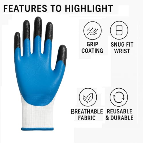 Image of Premium Nitrile Coated Work Gloves - Industrial Grip, Cut & Abrasion Resistant - Flexible & Durable Safety Gloves for Construction, Warehouse, Automotive, Cleaning (Blue, 1 Pair)