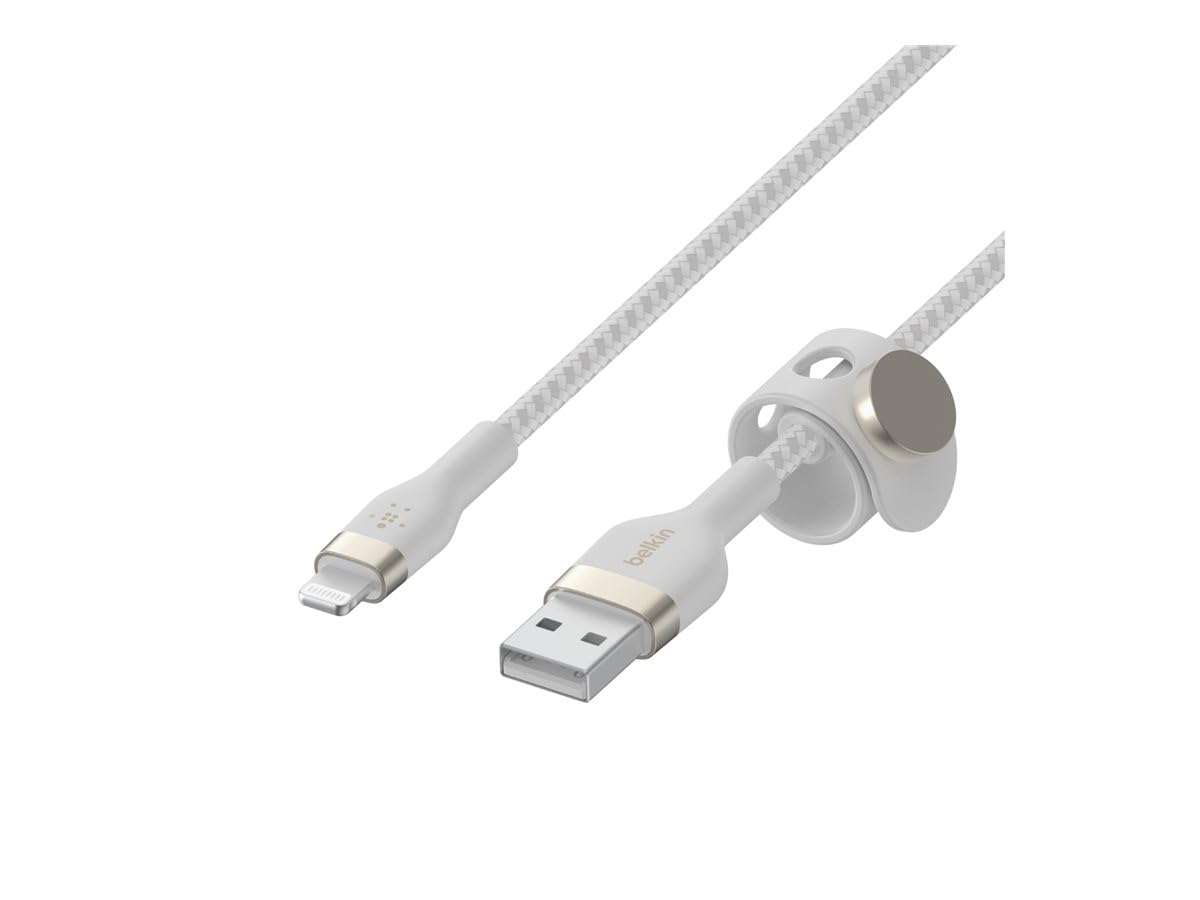 Belkin BoostCharge Pro Flex geflochtenes USB-A/Lightning-Kabel, 2 m, MFi-zertifiziertes Ladekabel für iPhone 14/14 Plus, 13, 12, Pro, Max, mini, SE, iPad und andere Geräte – Weiß