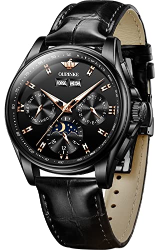 Classic Watches for Men Luxury Dress Automatic Self Winding All Black Leathter Strap Wrist Watch with Waterproof Moon Phase Sapphire Crystal Dial