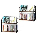 TJ.MOREE 2 Tier Vinyl Record Holder,56 Capacity CD Rack/Storage/Holder and Vinyl Record Storage, Industrial Retro Carbon Steel/Wood, Space Saving Desktop Organizer (Vintage Color)