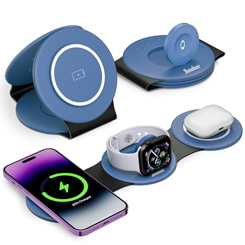 Hicober 3 in 1 Charging Station for Apple Multiple Devices, Foldable Travel Wireless Charger 18W for iPhone Air 17 16 15 14 13 Pro Max Plus &Apple Watch Series/Airpods Light Blue
